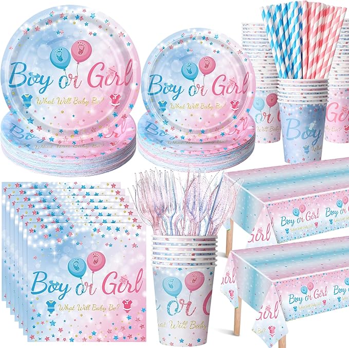 452 Pcs Gender Reveal Party Supplies for 50 Guests, Pink and Blue Gender Reveal Paper Plates Napkins Cups Tablecloth Cutlery Straws Disposable Tableware for Baby Shower Party Decoration