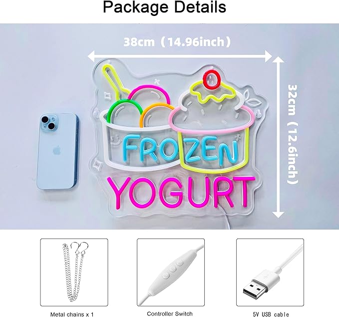 Frozen Yogurt Neon Sign, Neon Lights Hanging Wall Art Decoration for Grocery Store Supermarket Farmers Markets Ice Cream Shop, USB Powered, Ultra Bright & Dimmable, 14.96×12.6 Inches