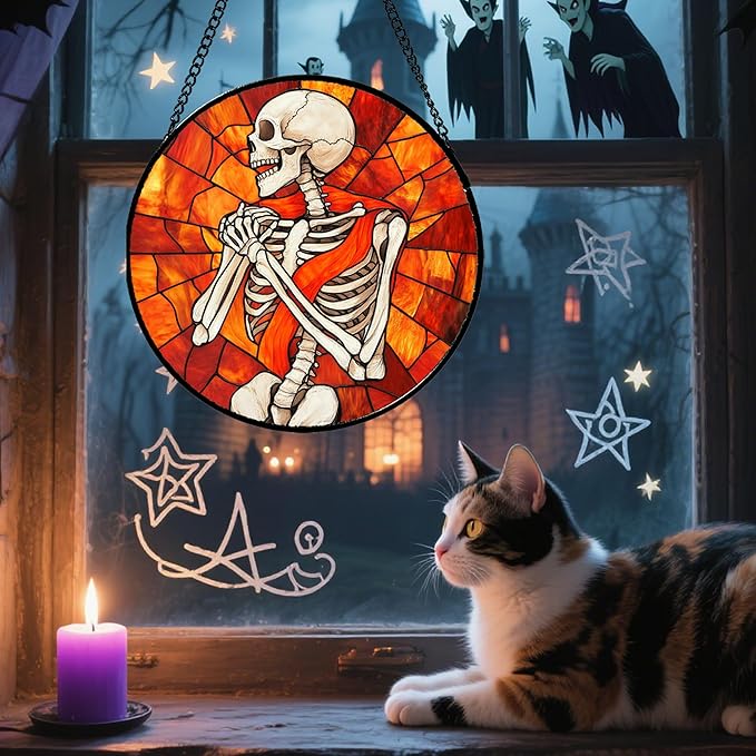 Stained Glass Window Hanging - Halloween Decorations Fear Skeleton Suncatcher for Doors Garden Indoor Spooky Funny Sun Catchers Gothic Decor Horror Gifts for Women Men Friend 11.8 in