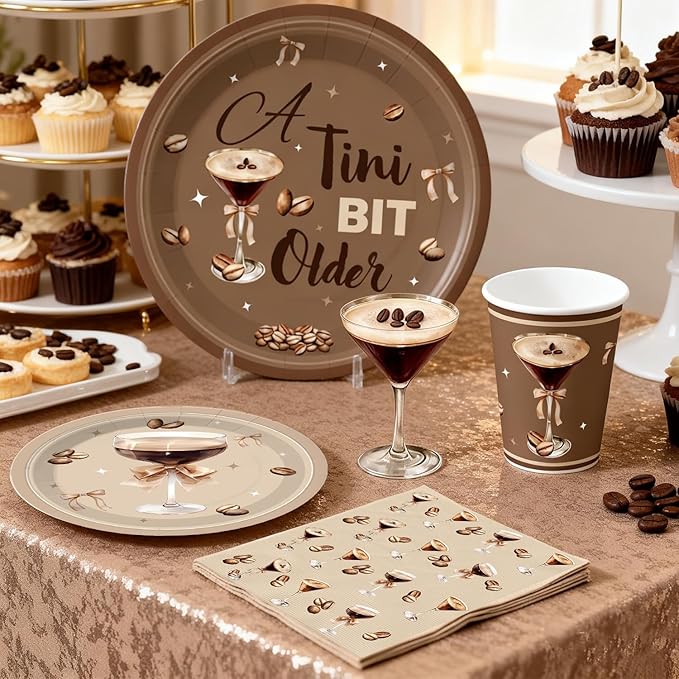 300pcs Tiny Bit Older Espresso Martini Birthday Decorations Serve 25, All-in-one Set with Balloon Arch Fringe Curtain Tableware Balloon Box Cupcake Topper Sash, for Girl Women Espresso Martini Party