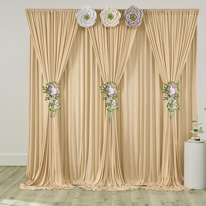 20 ft x 8 ft Thick Champagne Backdrop Curtain for Wedding Parties, 4 Panels 5 ft x 8 ft Wrinkle Free Polyester Champagne Photography Backdrop Drapes, Birthday Party Home Decoration Supplies