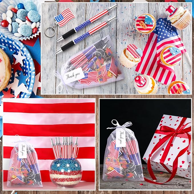 Qilery 250 Pcs Veterans Day Style American Flag Lapel Pins Ballpoint Pen Independence Day Flag Keychains Thank You Card Organza Gift Bag for Home School Office 4th of July Party Supplies