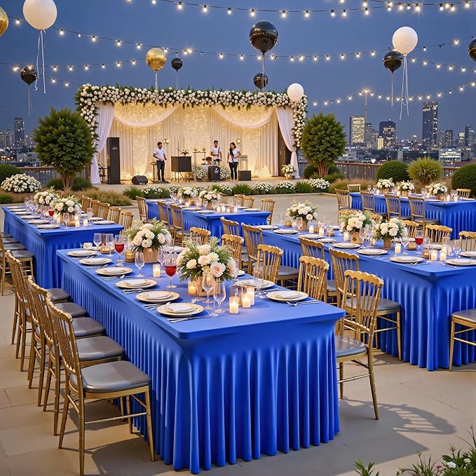 Wish Care 6 Pack Royal Blue Spandex Table Clothes for 8 Foot Rectangle Tables, 8FT Wrinkle Free Fitted Tablecloths Ruffles Design Table Cloth for Party, Banquet, Wedding and Events
