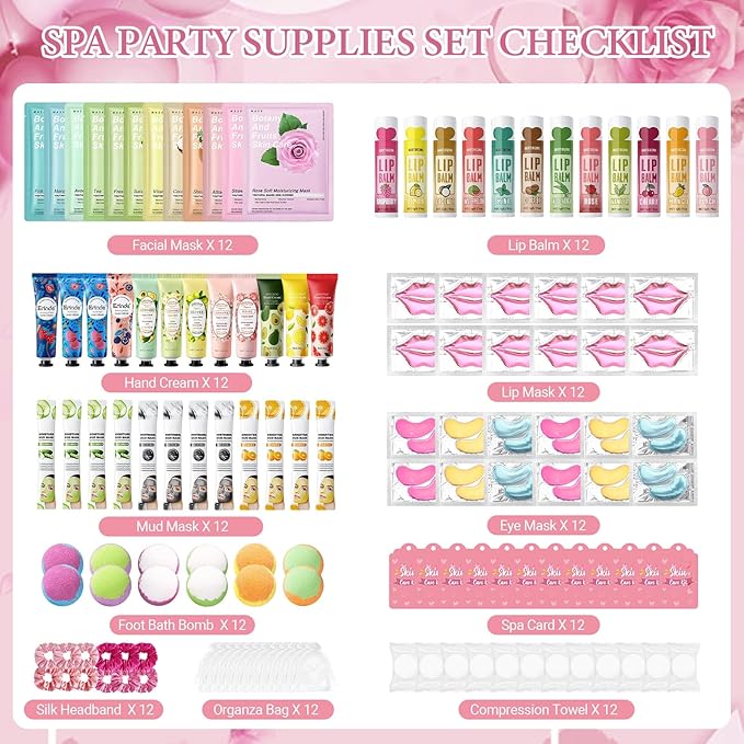 132 PCS Spa Party Supplies for Women, Spa Party Favors Include Face Masks Skincare, Hand Cream, Lip Balm, Under Eye Patches, Lip Mask, Foot Bath Bombs & Mud Mask, Spa Birthday Sleepover Party Supplies