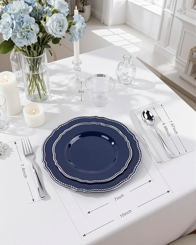 Hioasis 350pcs Blue Silver Plastic Plates - Silver Plastic Dinnerware Set Includes 50 Dinner Plates, 50 Dessert Dinnerware, 50 Cups, 50 Napkins Perfect for Wedding & Party