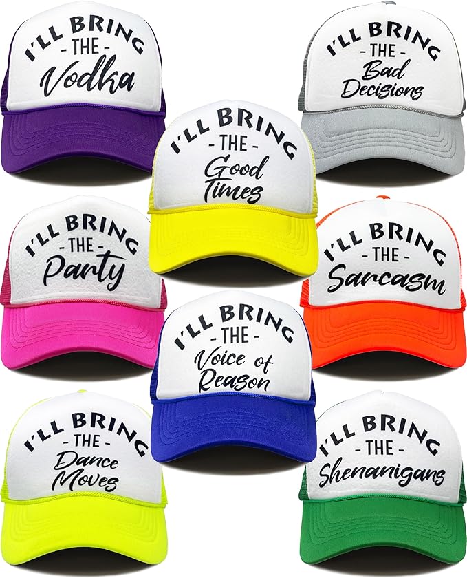 Funky Junque Women's Funny Trucker Hats: Adult Humor for Bachelorette & Girls Trips, Groups 3-25, Mesh Hat - I'll Bring The's