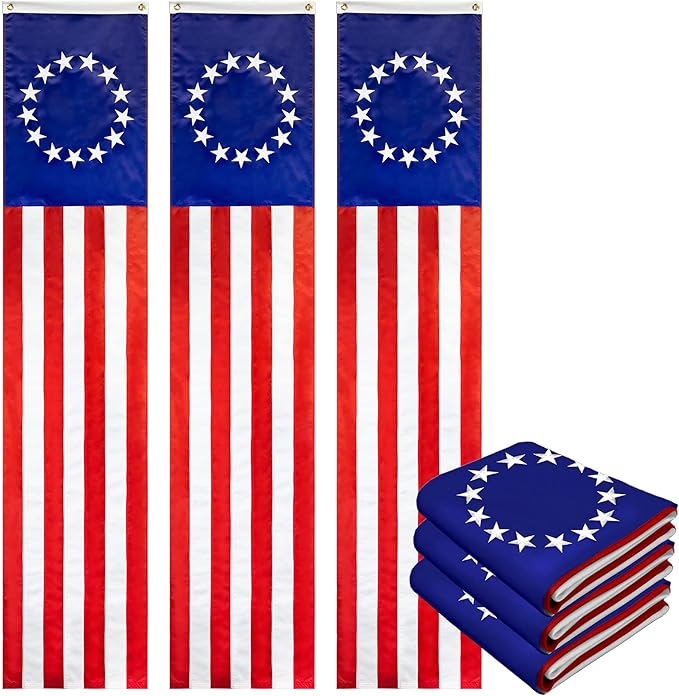 G128 – 3 Pack: Betsy Ross American Patriotic Bunting & Flag Pulldown, 13 Embroidered Stars in Circle Pattern with 5 Fully Sewn Stripes, decorative bunting, 20" x8', Red/White/Blue