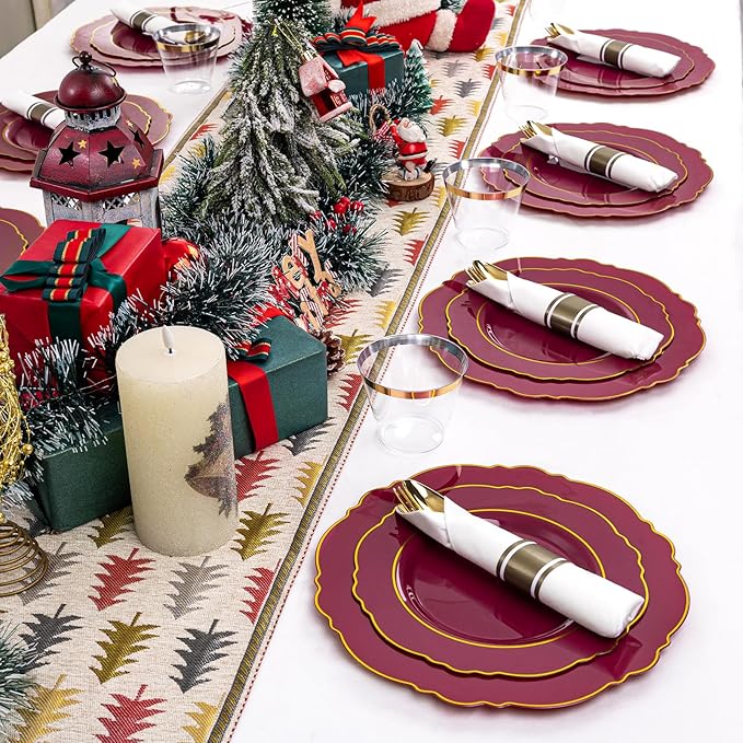 Liacere 175PCS Red Plastic Plates - Disposable Burgundy Red and Gold - 25guest Baroque Plastic Dinnerware include 50Plates, 25Pack Pre Rolled Napkins with Silverware 25Cups for Christmas