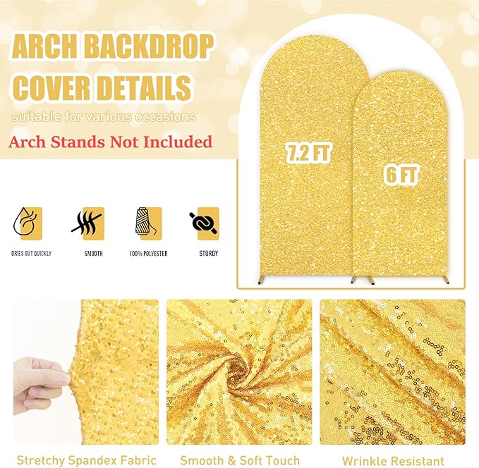FUHSY Set of 2 Arch Backdrop Cover Gold Wedding Arch Covers 7.2FT, 6FT Chiara Arched Covers Stretchy Backdrops Sparkle Spandex Sequin Backdrop Arches Cover for Balloon Birthday Party Graduation Decor