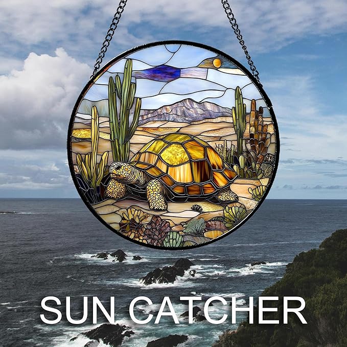 Stained Glass Window Hanging Golden Turtle Cactus Landscape 9.8" - Suncatcher Door Garden Sunroom Sun Catcher Home Decor Birthday Christmas for Mom Men Woman Nana