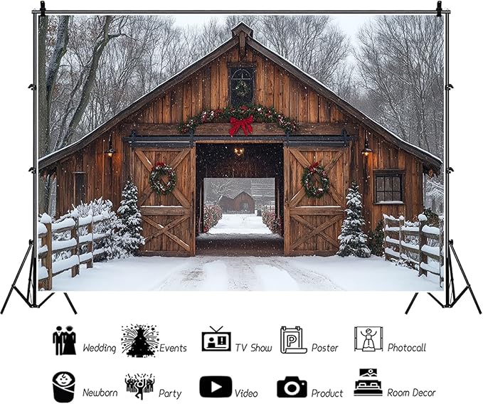 Baocicco 10x8ft Rustic Merry Christmas Backdrop Photography Rural Wooden Barn Door Xmas Trees Farmhouse Background Cloth Winter Festival Family Party Decorations New Year Eve Banner Supplies