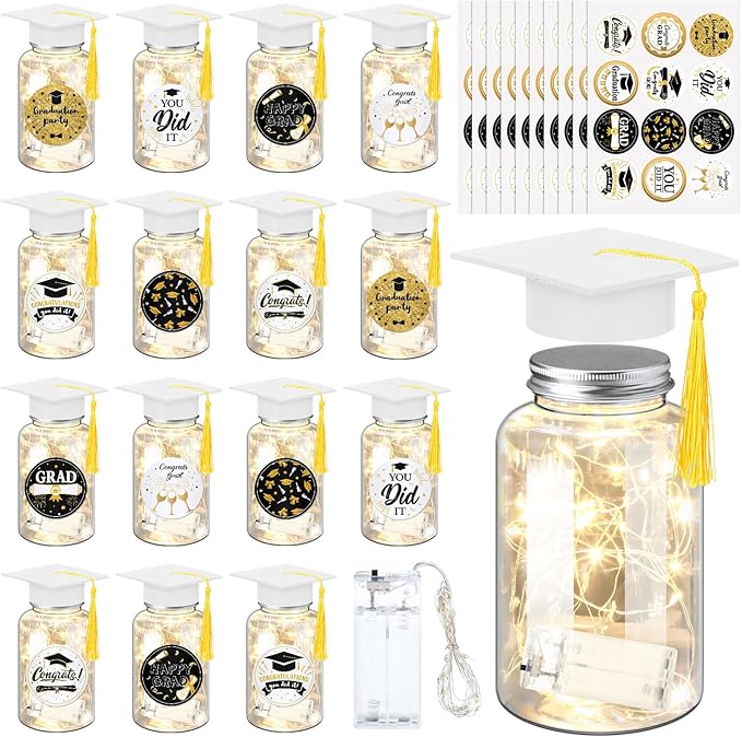 Boao 16 Sets Graduation Table Decoration Set with LED Light up Graduation Decorations for Class of 2026, Grad Jar, Felt Grad Hat and Stickers for High School College(White)