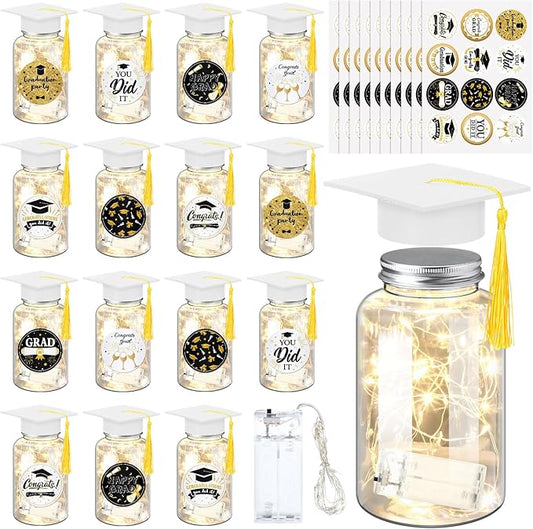 Boao 16 Sets Graduation Table Decoration Set with LED Light up Graduation Decorations for Class of 2026, Grad Jar, Felt Grad Hat and Stickers for High School College(White)