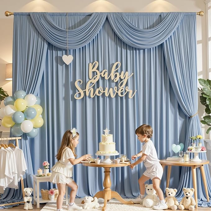 gogoparti 50x12ft Dusty Blue Backdrop Curtain for Wedding Parties, 10 Panels (5x12 ft Each) Wrinkle-Free Dackdrop Curtains, Silky Draping Fabric for Birthday Party, Baby Shower, Photo Background