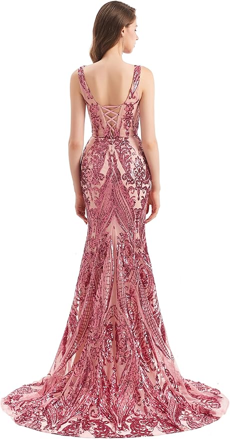 Women's Double V-Neck Sequins Lace-up Mermaid Evening Dress