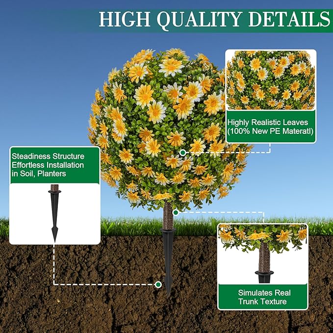 25" Artificial Topiary Ball Fall Tree with Yellow Daisy，Fake Mums Plants with Ground Spike，Set of 2 UV Resistant Faux Bushes, Fake Shrubs for Garden, Patio, Porch, Yard, Indoor