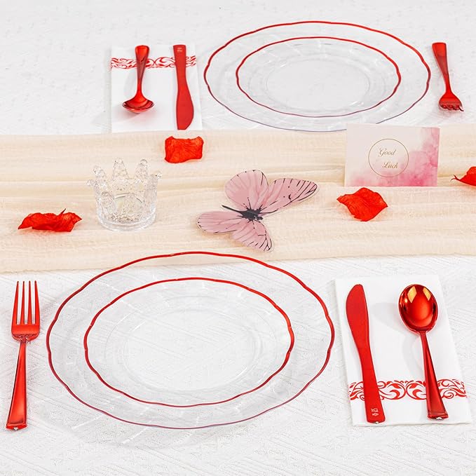 LIYH 700 Pcs Red Plastic Dinnerware Set for 100 Guests, Disposable Plastic Wavy Red Plates Include Dinner & Dessert Plates,Napkins,Cups,Cutlery for Party Valentine's Day and Mother's Day 100 Guests