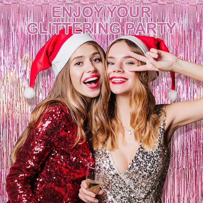 30 Pack Pink Foil Fringe Curtain Backdrop, 3.3x8.2 Feet Metallic Tinsel Streamer Curtains Photo Booth Props for Wedding/Birthday/Baby Shower/Valentine's Day/Princess Themed Party Decorations