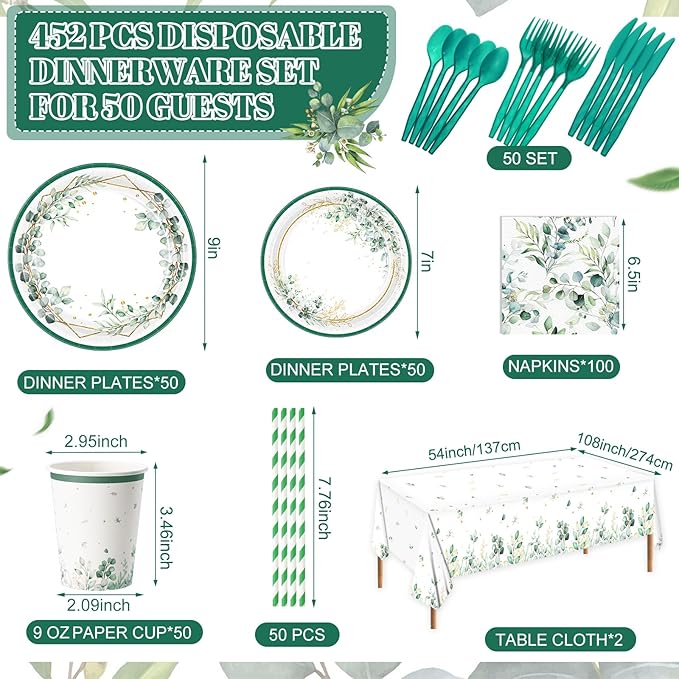 452 Pcs Sage Green Party Decorations for 50 Guests, Eucalyptus Theme Paper Plates Napkins Cups Tablecloth Cutlery Straws for Bridal Baby Shower Birthday Wedding Party Decorations Supplies