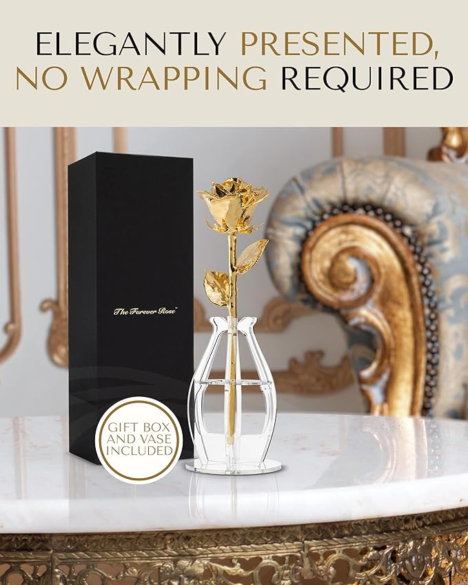 Forever Rose 24K Gold Dipped Real Rose – Handmade, Long-Lasting Preserved Flower in Bloom Box & Vase – Romantic Gift for Anniversary, Valentine's Day, Mother's Day, Birthday, Wedding, Wife, Girlfriend