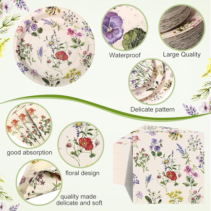 400 Pcs Wild Floral Disposable Paper Plates Napkins Cups Serve 50 Watercolor Floral Tableware Set for Spring Wedding Tea Party Decoration Bridal Shower Baby Shower (Fresh Color,Vivid Style)