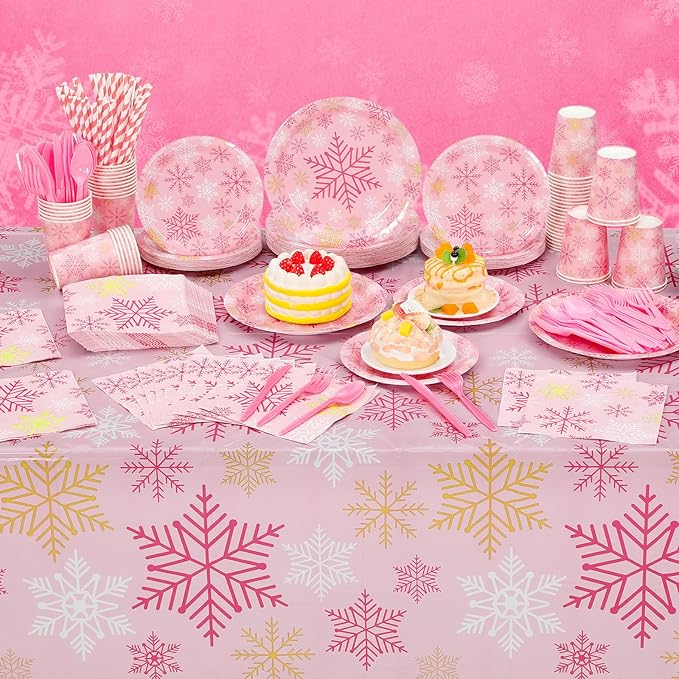 452 Pcs Pink Snowflake Party Decoration for 50, Pink Gold Winter Snowflake Paper Plates Napkins Cups Tablecloth Cutlery Straws for Winter Baby Shower Wonderland Birthday Supplies