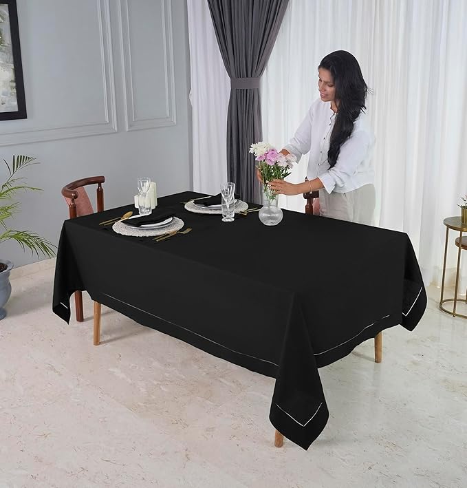 D'Moksha Homes Black Linen Tablecloth 60 x 120 Inch - 100% Pure Linen Hemstitch Tablecloth for Rectangle Tables - Classic Hemstitch, Machine Washable Table Cloth for Spring, Easter