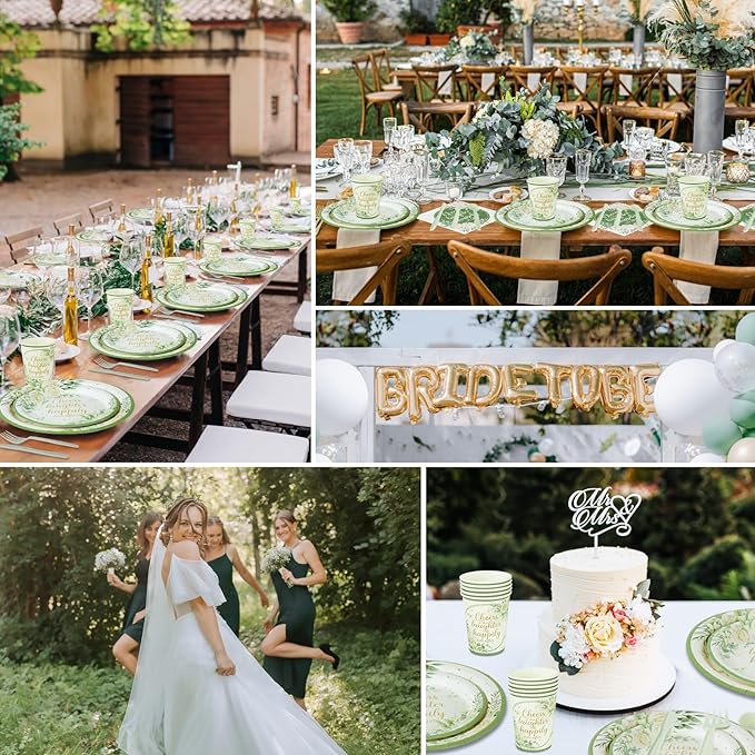 350 Pcs Eucalyptus Leaves Bridal Shower Paper Plates Napkins Cups Disposable Sage Green Tableware Set With Knives Forks Cheers to Love Party Favors for 50 Guest Wedding Engagement Decor
