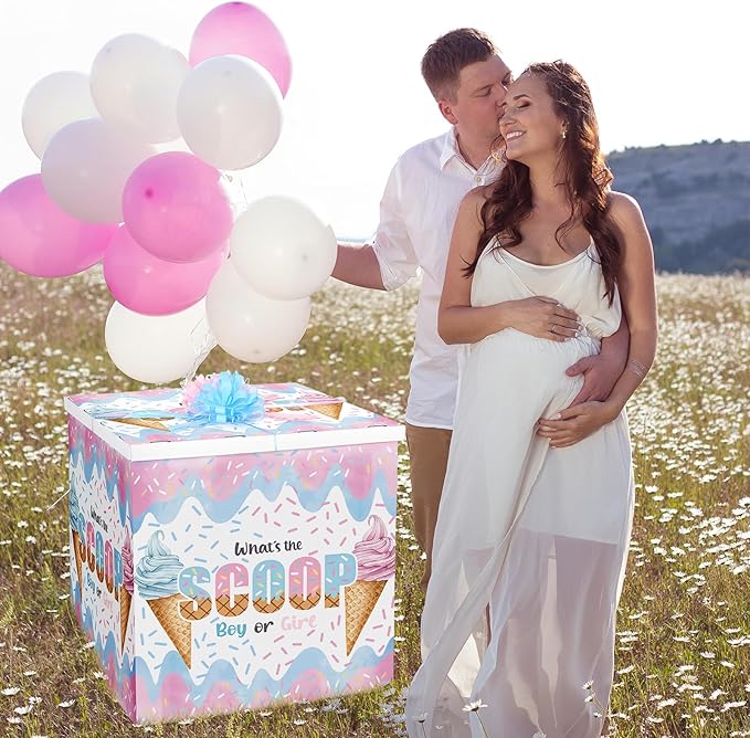 AmazingSpark 28in Jumbo Gender Reveal Gift Box Kit with Oversized Box Giant Pull Bows for Gender Reveal Baby Shower Birthday Party Decor(What's the Scoop)