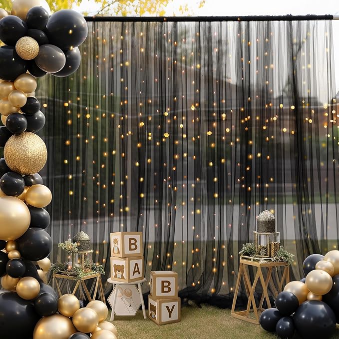 30x8ft Black Tulle Backdrop Curtain with Lights String for Parites, Sheer Photo Backdrop Curtains with Lights for Wedding Backdrop Ceremony Reception Bridal Shower Baby Shower Birthday Party