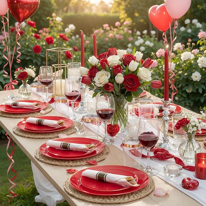KIRE 350PCS Red Plastic Plates - Heavy Duty Red Plates Disposable - 50Guest Plastic Dinnerware Include 50Dinner Plate,50Dessert Plate,50Pre Rolled Napkins with Silverware for Valentine's Day&Wedding