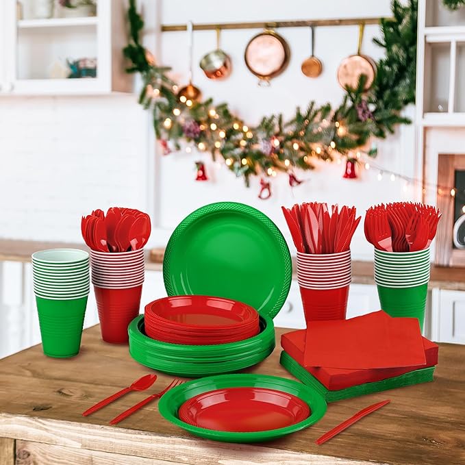 Aodaer 400 Pieces Christmas Party Supplies Red Green Plastic Dinnerware Include Plates Cups Knives Forks Spoons Paper Napkins for Christmas Birthday Wedding Parties, Serve 50 Guests