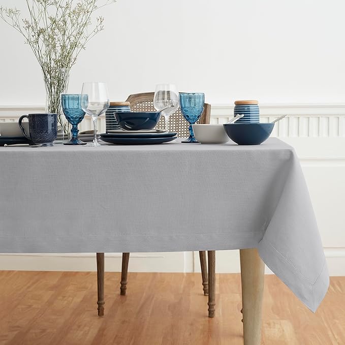 Solino Home Soft Grey Linen Tablecloth 60 x 108 Inch - 100% Pure Linen Table Cloth for Rectangle Tables - Fete, Machine Washable Tablecloth for Winter, Spring