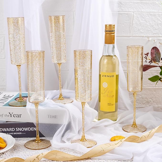 YOUBET 24 Pack Plastic Champagne Flutes - 6 Oz Gold Glitter Disposable Champagne Glasses - Square Plastic Wine Cups Wedding Toasting for Party Birthday Anniversary