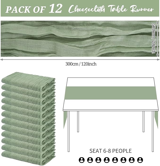 12 Pack Cheesecloth Table Runner 20 x 120 inch Cheese Cloth Table Runner Bulk,Romantic Boho Sheer Gauze Fabric Table Runners for Wedding Reception,Party,Bridal Shower Table Decor(Sage Green)