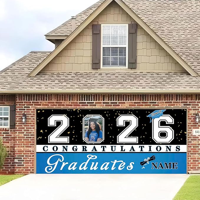 Custom Graduation Garage Door Banner Decoration 7x16ft with Photo Congrats Garage Door Cover 2026 Party Photo Booth Backdrop Party Supplies(Sky Blue)