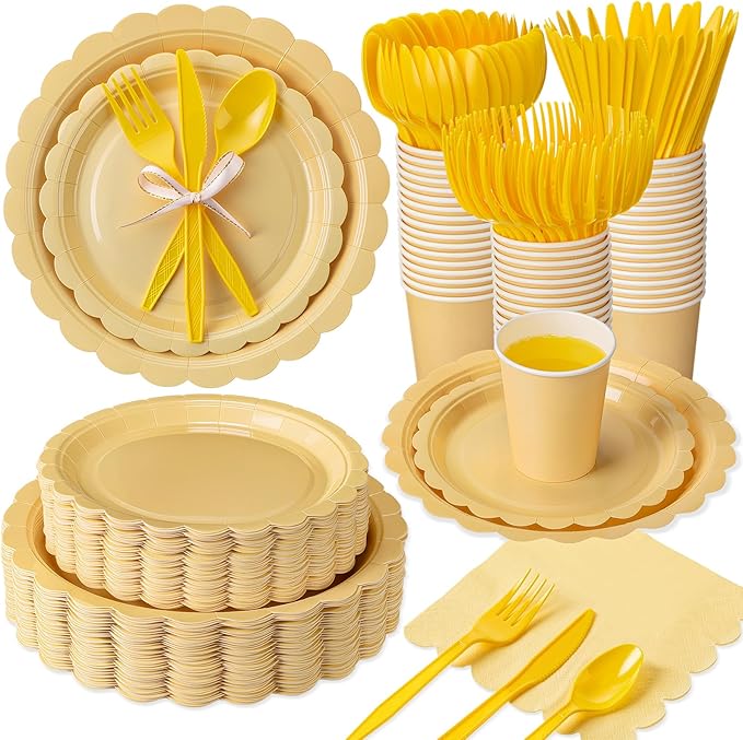 350 Pcs Light Yellow Plates and Napkins, 50 Guest Spring Easter Party Supplies Include Scalloped Paper Plates Napkins Cups Plastic Spoons Forks Knives Disposable Tableware Set for Baby Shower