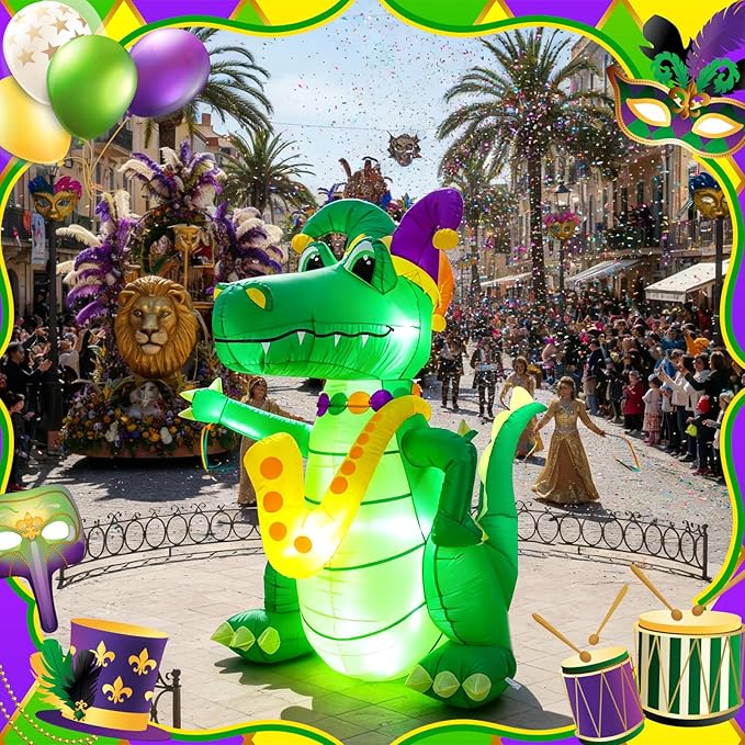VIHOSE 5.5 FT Mardi Gras Inflatable Decoration Large Blow Up Alligator with Saxophone Necklace and Jester Hat Built in LED Lights for Mardi Gras Yard Garden Outdoor Decoration