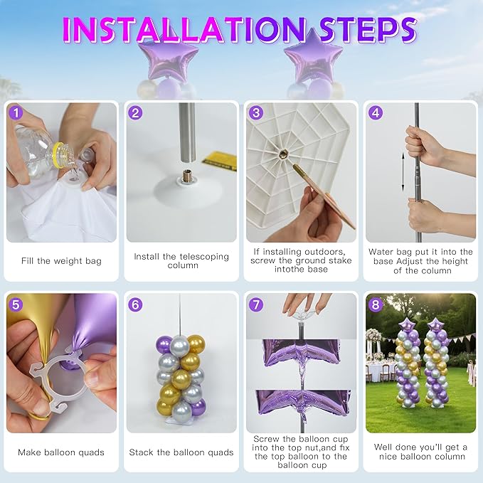 YALLOVE Balloon Column Stand Kit, Sets of 4 Telescoping Balloon Stand, Height Adjustable Balloon Tower Pillar with Reusable Metal Telescopic Design for Party Decoration