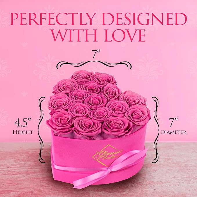 GLAMOUR BOUTIQUE 16 Flower Forever Heart Shape Box, Eternal Preserved Roses Gift for Her, Lasting Flowers, Romantic Floral Keepsake for Birthday Anniversary Valentine’s Day Velvet Pink (Color-Treated)