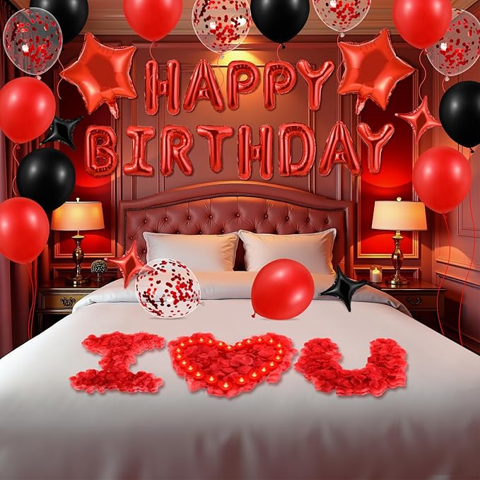 Red Happy Birthday Balloons Decorations Red and Black Birthday Balloon Letters Banner with 6 Pcs Star Balloons Red Artificial Rose Petals 24 Flameless LED Candles for Red Birthday Party Supplies
