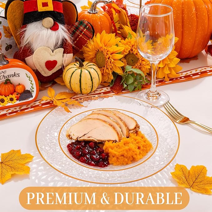 Rubtlamp 60PCS Plastic Orange Plates, Clear Disposable Plates With Orange Rim, Heavy Duty Hammered Plate, Thanksgiving Party Platos Include 30Orange Dinner Platos,30Clear Dessert Plate