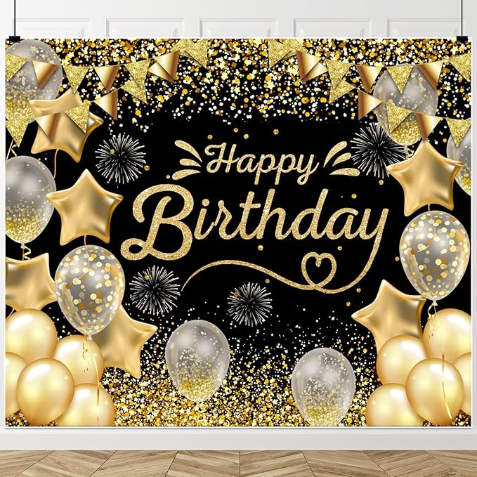 Black Gold Happy Birthday Backdrop 10x8ft for Men Women Boys Girls Birthday Party Banner Decorations with Glitter Star Photo Background Large Wall Decor Props