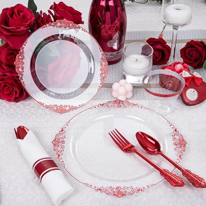 Hioasis 175pcs Clear and Red Plates - Red Party Plates for 25 Guest, Include 50 Heavy-duty Plates(20% Thicker Than Standard), 25 Pre Rolled Gold Plastic Silverware Set, 25 Cups