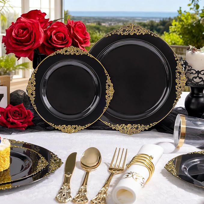 YOUBET 700PCS Black Plastic Plates - Black and Gold Plates - Gold Plastic Dinnerware Set Include 200 Disposable Plate, 300 Heavy Duty Silverware, 100 Cups, 100 Napkins for Wedding & Party