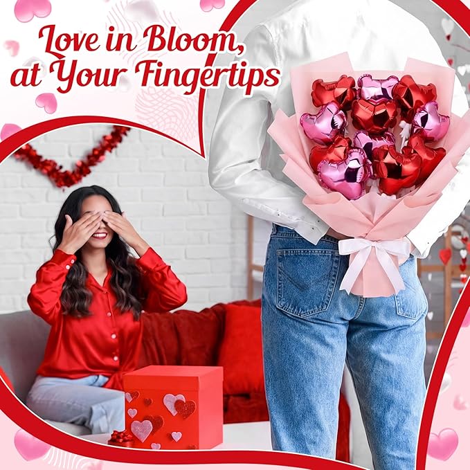 100 Pcs Valentine's Day Self Inflatable Heart Balloons with Bow Stems Mini Heart Balloons Decoration for Valentine Wedding Anniversary Party Supplies Cake Toppers(Red,Rose Red,4 Inch)