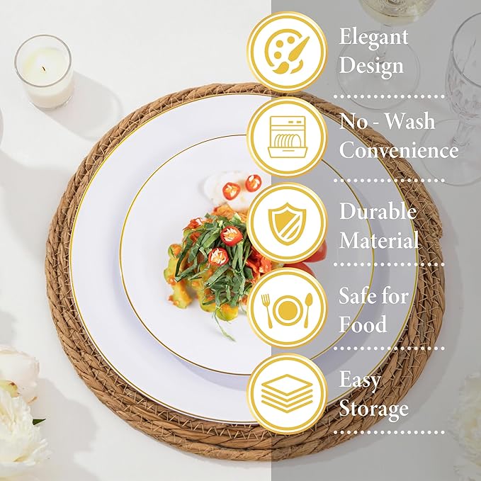 Nervure 100 Pieces Gold Plastic Plates - 10.25 inch Gold Dinner Plates - Heavyweight White and Gold Disposable Plates Ideal for Wedding & Party