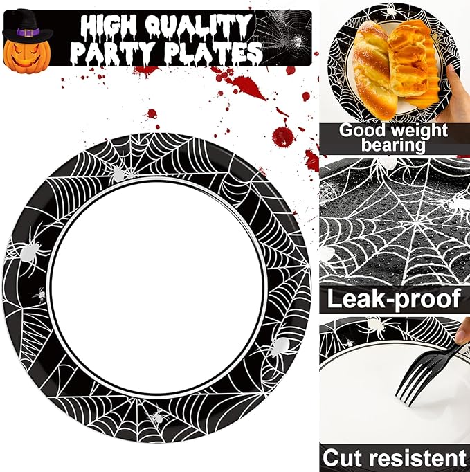 50 Guests Halloween Spider Web Plates and Napkins Party Supplies Spiderweb Party Decorations Disposable Tableware Black and White Halloween Dinnerware Favor for Get Together Celebration, 200PCS