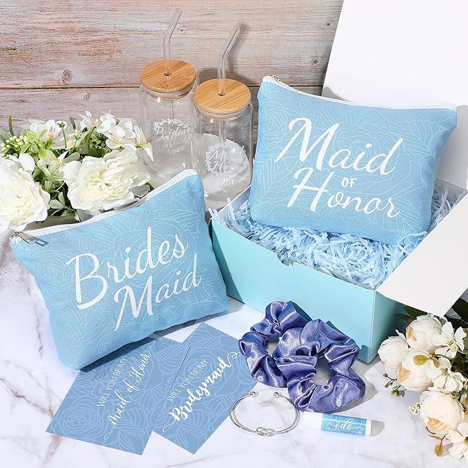 54 Pcs Bridesmaid Proposal Gifts, Maid of Honor Gift Include Wedding Gift Box Makeup Bag Invited Card Glass Cup Lip Balm Scrunchie Bracelet for Bridal Shower Bachelorette Party(Blue)