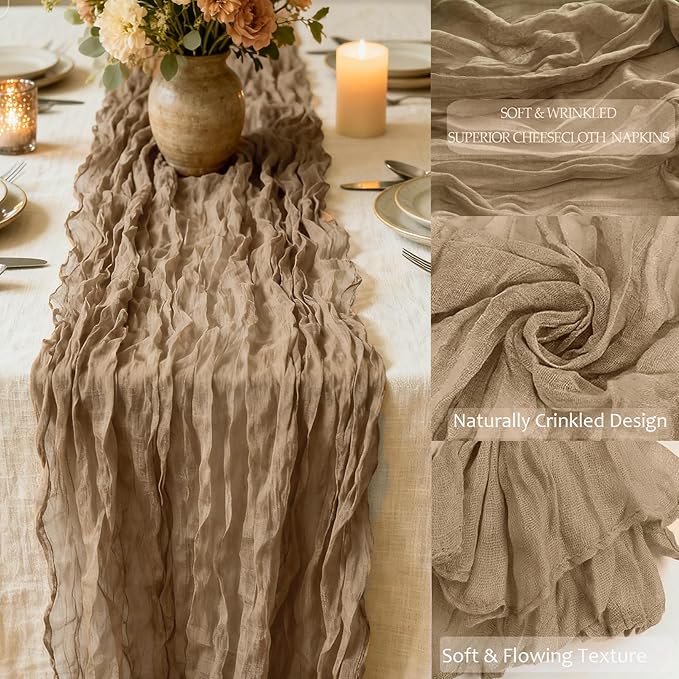 12 Pack Coffee Cheesecloth Table Runner 35 x 118 Inch Gauze Fabric Boho Christmas Table Runner for Wedding Arch, Rustic Bridal Shower, Baby Shower, Party Decorations, Farmhouse Home Decor